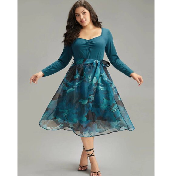 BloomChic Dresses & Skirts - BloomChic Floral Square Neck Mesh Patchwork Belted Ruched Dress  22-24 NWT